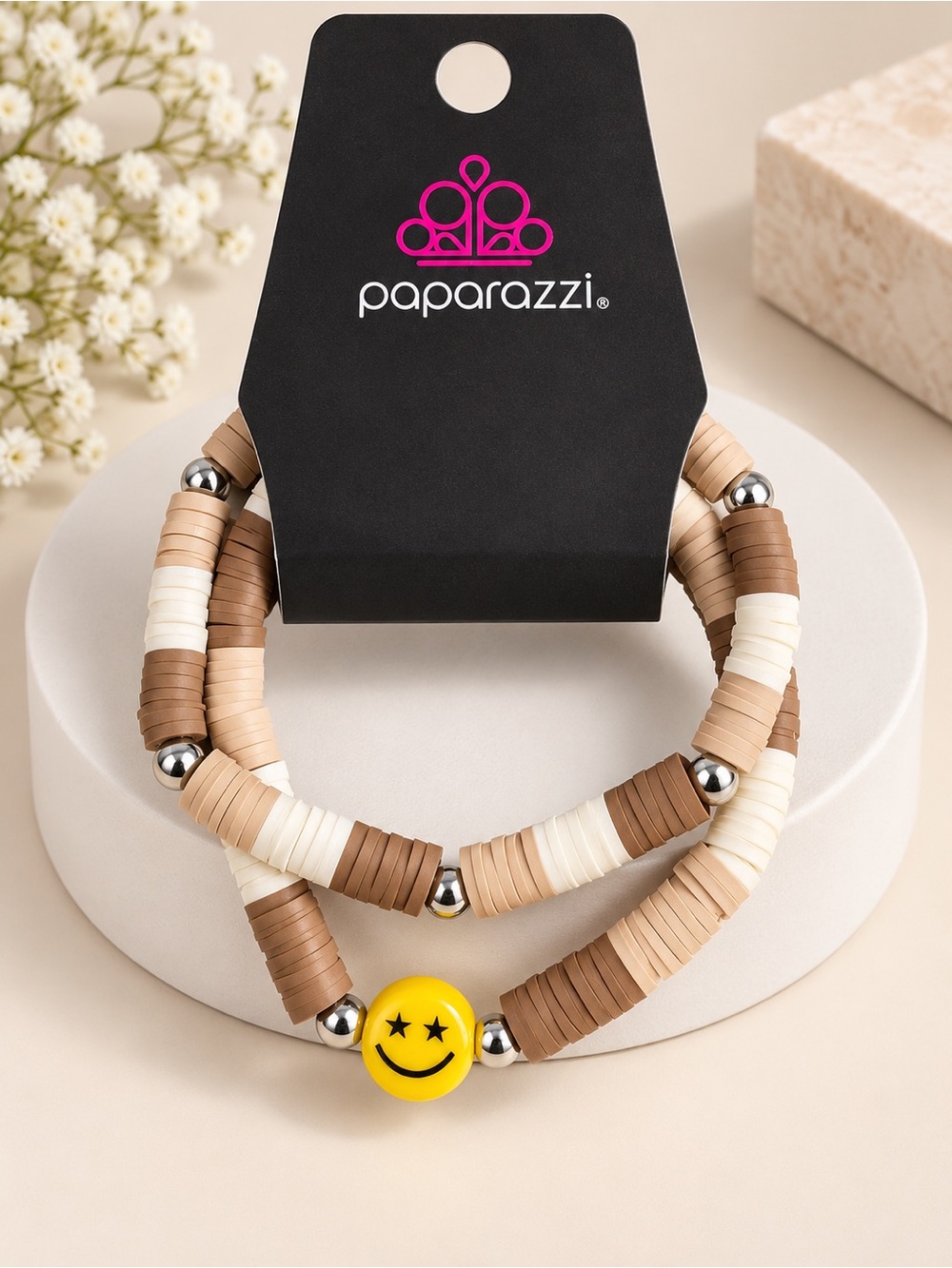 paparazzi Brown, Cream & Yellow Smiley Bead Bracelet Set